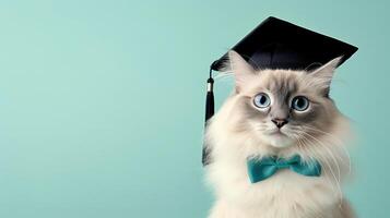 AI generated Adorable graduation cat wearing cap and gown on pastel background with copy space photo