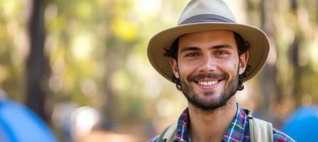 AI generated Happy young man enjoying camping in beautiful outdoor landscape with natural lighting photo