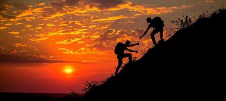 ai generado grupo de amigos Ayudar cada otro escalada juntos como un equipo a alcanzar el majestuoso montaña pico foto