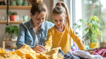 ai generado madre y hija cargando sucio lavandería dentro Lavado máquina en acogedor hogar lavandería habitación foto