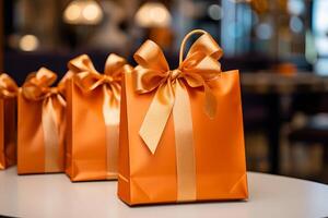 AI generated Cheerful woman shopping for christmas gifts in bright shopping center, close up of bag photo