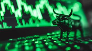 AI generated Green suited bull with candlestick charts on monitors, trading volatility and recession concept photo