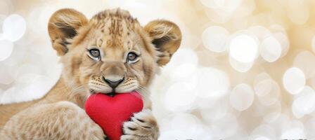 AI generated Lion cub with heart shaped gift, valentine s day animals in magical defocused background, text area. photo