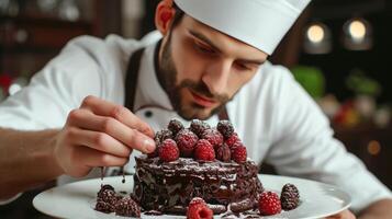 ai generado experto Pastelería cocinero agregando final toques a postre en hotel o restaurante cocina foto