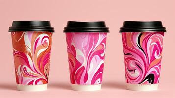 AI generated Abstract coffee shop cup designs on pastel background, showcasing trendy takeaway cups photo