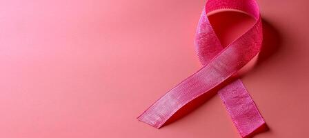 AI generated Breast cancer awareness month symbol with pink ribbon on pink background with copy space photo