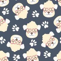 Seamless pattern of poodle heads with dog paw prints vector