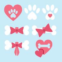 Set of paw prints and hearts and bones for dogs with bows vector