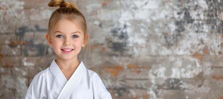 AI generated Happy european girl at judo or karate training lesson with copy space for text placement photo