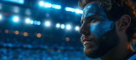 AI generated Argentina fan with face paint, cheering at sports event with stadium background, text space photo