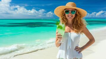 AI generated Enchanting woman savoring mojito on paradise beach, sunny summer heatwave, text space photo