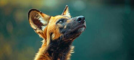 AI generated Close up portrait of a howling wild dog in natural environment with space for text photo