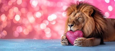 AI generated Valentine s lion presents heart shaped gift to cute animals on blurred background with text area. photo