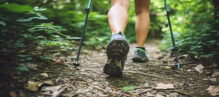 AI generated Hiker s legs exploring scenic forest trail with hiking sticks   healthy outdoor adventure photo