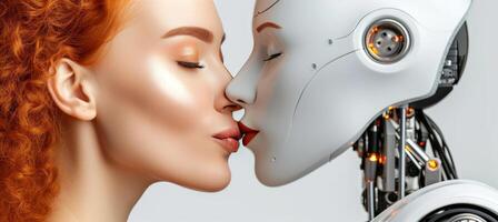 AI generated Woman kissing humanoid android robot, perfect for futuristic and romantic concepts with copy space photo