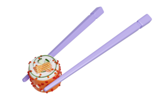 3d uramaki sushi with chopsticks. japanese food isolated concept, 3d render illustration png