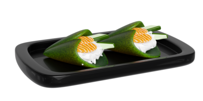 3d Temaki sushi with rice, salmon, cucumber, seaweed on food tray, japanese food isolated concept, 3d render illustration png