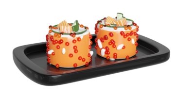 3d uramaki sushi på mat bricka, japansk mat isolerat begrepp, 3d framställa illustration png