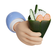 3d hand hold temaki sushi with rice, salmon, cucumber, seaweed, japanese food isolated concept, 3d render illustration png