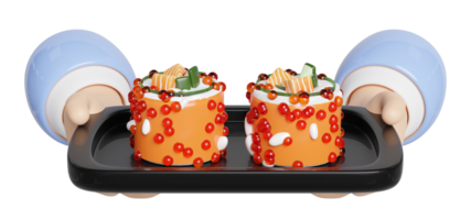 3d hand hold uramaki sushi on food tray, japanese food isolated concept, 3d render illustration png