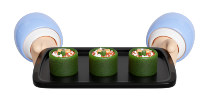 3d hand hold salmon onigiri sushi on food tray, japanese food isolated concept, 3d render illustration png