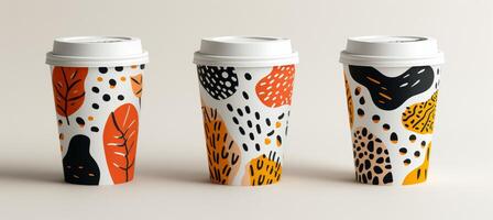 AI generated Three modern abstract coffee shop cup takeaway designs on a neutral pastel background photo