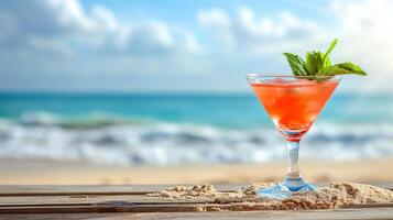 AI generated Daiquiri cocktail on tropical beach with blurred background and space for text placement photo