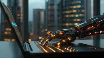 AI generated Artificial intelligence technology  robot hand typing on laptop with glowing infographic lines photo