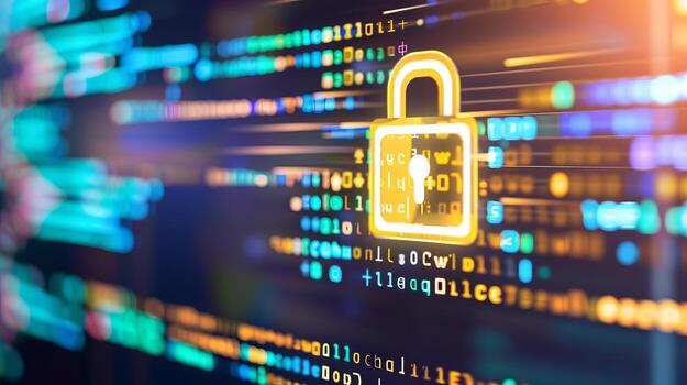 AI generated Secure software development code on computer screen with padlock symbol, blurred background photo