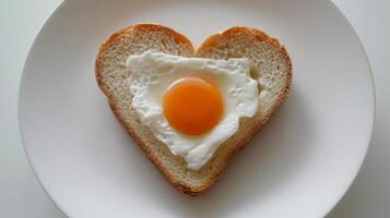 AI generated Heart shaped bread slice with sunny side up egg, top view with copy space for text placement photo