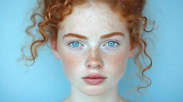 AI generated Captivating redhead with blue eyes and freckles on pastel background for advertising. photo