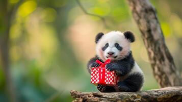 AI generated Valentine s day panda cub with heart gift on magical background, copy space available. photo