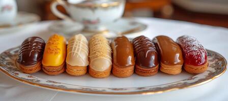 ai generado delicioso surtido de francés eclair postres en varios sabores y colores en blanco plato foto