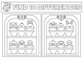 Easter black and white kawaii find differences game. Coloring page with cute hatching animals in fridge. Spring holiday puzzle or activity for kids. Printable what is different worksheet vector