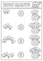 primavera negro y blanco pareo juego con linda kawaii tulipanes en taza. jardín matemáticas actividad para niños. educativo imprimible Pascua de Resurrección contando hoja de cálculo o colorante página con dibujos animados flores en maceta vector