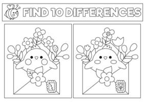 Spring black and white kawaii find differences game. Coloring page with cute chick in envelope with flowers. Garden puzzle for kids with funny character. Printable what is different worksheet vector