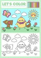 Easter coloring page for children with cute kawaii chick going on egg hunt. Vector spring holiday outline illustration. Color book for kids with colored example. Drawing skills printable worksheet