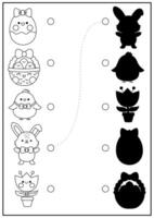 Easter black and white shadow matching activity with cute kawaii holiday symbols. Spring shape recognition puzzle. Find correct silhouette printable worksheet. Garden coloring page vector