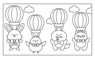 Vector black and white kawaii Easter scene with animals flying on hot air balloons in the sky. Spring line cartoon illustration. Cute scenery or coloring page for kids with bunny, chick, crocodile