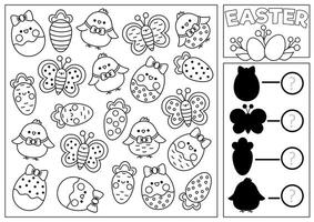 Easter black and white I spy and shadow match game for kids. Searching and counting activity with cute kawaii spring holiday symbols. Printable worksheet, coloring page with eggs, chicks, butterflies vector