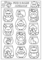 Find two same kawaii animals in jars. Easter black and white matching activity. Spring holiday line quiz or coloring page for kids. Simple printable game with chick, bunny, cat, panda vector