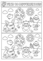 Easter black and white kawaii find differences game for children. Attention skills line activity with cute bunny and chick going on egg hunt. Spring holiday puzzle or coloring page for kids vector