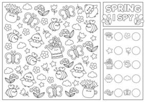 Spring or summer black and white I spy game for kids. Searching and counting activity with cute kawaii chick, bee. Garden printable worksheet, coloring page. Simple spotting puzzle with first flowers vector