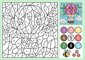 Vector Easter color by number activity with cute kawaii hot air balloon with eggs. Spring holiday scene. Black and white counting game with funny character. Garden coloring page for kids