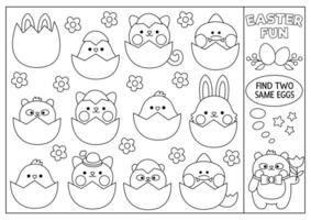 Find two same kawaii animals in eggs. Easter black and white matching activity for children. Spring holiday coloring page or quiz for kids. Simple printable game with hatching chick, bunny, cat vector