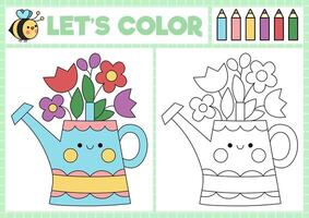 Garden coloring page for children with cute kawaii bunny in envelope with flowers. Vector spring holiday outline illustration. Easter color book for kids. Drawing skills printable worksheet