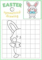 Easter symmetrical drawing worksheet. Complete the bunny picture. Vector spring holiday writing practice worksheet. Printable black and white activity for preschool kids. Copy the picture