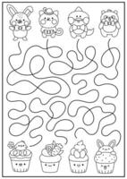 Easter black and white maze for kids. Spring holiday preschool printable activity with kawaii animals and cupcakes with eggs, carrot, bunny, chick. Labyrinth game coloring page with cute cup cakes vector