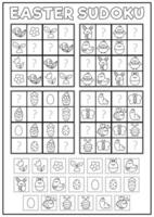 Vector black and white kawaii Easter sudoku puzzle for kids. Simple spring holiday quiz with cut and glue elements. Garden line activity or coloring page with bunny, chick, flower, insect, egg