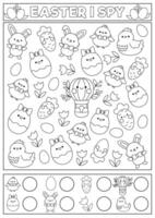 Easter black and white I spy game for kids. Searching and counting activity with cute kawaii holiday symbols. Spring printable worksheet. Simple garden spotting coloring page with bunny, eggs vector